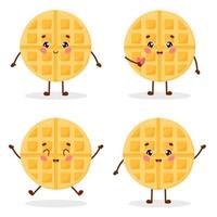 Set of cute cartoon character waffle in different emotions. Vector illustration isolated on white background.