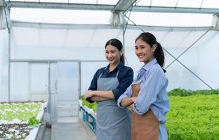 Two young business women organic vegetable garden owner smiling happily photo