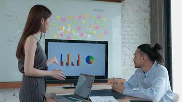 Two young and smart Asian co-workers are brainstorming at office. Female colleague presents business chart to male partner using a laptop in a meeting room, discussing the company's finances project. video