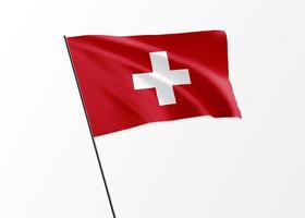 Swiss flag flying high in the isolated background Swiss independence day. 3D illustration world national flag collection photo