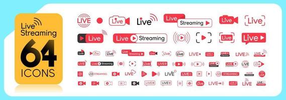 Set of live streaming icons. Red symbols and buttons of live streaming, broadcasting, online stream. Lower third template for tv, shows, movies and live performances. Vector