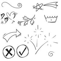 collection of Hand drawn elements, black on white background. Arrow, heart, love, star, leaf, sun, light, flower, daisy, crown, king, queen,Swishes, swoops, emphasis ,swirl, heart, for concept design. vector