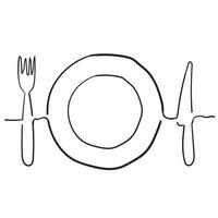 Drawing of plate, knife and fork hand drawn doodle style vector