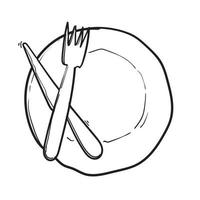 Drawing of plate, knife and fork hand drawn doodle style vector