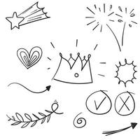 collection of Hand drawn elements, black on white background. Arrow, heart, love, star, leaf, sun, light, flower, daisy, crown, king, queen,Swishes, swoops, emphasis ,swirl, heart, for concept design. vector