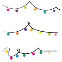 Doodle Christmas lights. Holiday festive xmas decoration. Colorful string fairy light set. Lightbulb glowing garland. Rainbow color. hand drawn design. White background. Isolated Vector