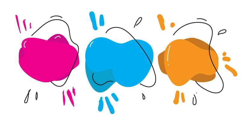 Set of modern abstract vector banners. Liquid color banners. Flat geometric shapes of different colors with black outline hand drawn doodle style
