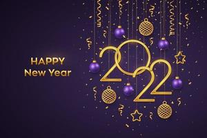 Happy New 2022 Year. Hanging Golden metallic numbers 2022 with shining 3D metallic stars, balls and confetti on purple background. New Year greeting card or banner. Realistic Vector illustration.