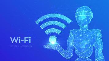 Wi-Fi. Low poly abstract Wi Fi sign. Wlan access, wireless hotspot signal symbol. Mobile connection zone. Data transfer. Abstract 3d low polygonal robot holding WiFi icon. Vector illustration.