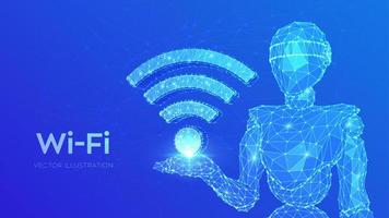 Wifi. Signo de wi fi abstracto de baja poli. acceso wlan, símbolo de señal de punto de acceso inalámbrico. zona de conexión móvil. transferencia de datos. Robot poligonal bajo 3d abstracto con icono de wifi. ilustración vectorial. vector