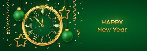 feliz año nuevo 2021. reloj dorado brillante con números romanos y cuenta regresiva medianoche, víspera de año nuevo. fondo con brillantes estrellas doradas y bolas. Feliz Navidad. vacaciones de navidad. ilustración vectorial.