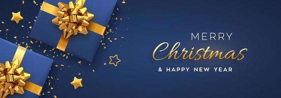 Christmas banner. Realistic blue gift boxes with golden bow, gold stars and glitter confetti. Xmas background, horizontal christmas poster, greeting cards, headers website. Vector illustration.