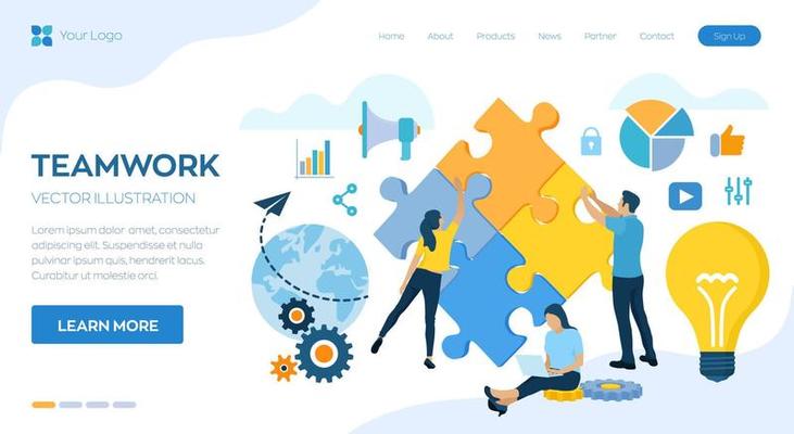 Teamwork concept. People connecting puzzle elements. Business team. Symbol of teamwork, cooperation, partnership, association and connection. Team metaphor. Business concept. Vector Illustration.