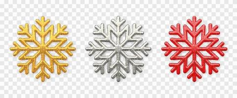 Snowflakes set. Sparkling golden, silver and red snowflakes with glitter texture isolated on transparent background. Christmas decoration. Vector illustration.