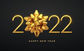 Happy New 2021 Year. Golden metallic luxury numbers 2021 with golden gift bow. Realistic sign for greeting card. Festive poster or holiday banner design. Vector illustration.