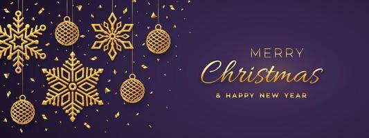Christmas purple background with hanging shining golden snowflakes and balls. Merry christmas greeting card. Holiday Xmas and New Year poster, web banner. Vector Illustration.
