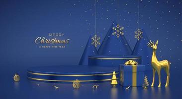 Christmas Scene and 3D round and cube platform on blue background. Blank Pedestal with deer, snowflakes, balls, gift boxes, golden metallic cone shape pine, spruce trees. Vector illustration.