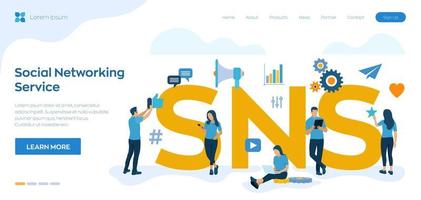 SNS. Social Networking Service - is an online platform which people use to build social networks or social relationship with other people. Flat vector Illustration with icons and characters.