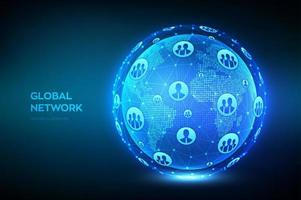 Global network connection. World map point and line composition. Earth globe. Concept of global business. Blue futuristic internet connection background. Vector Illustration.