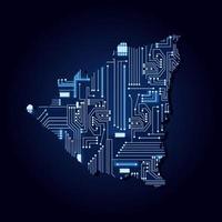 Contour map of Nicaragua with a technological electronics circuit. vector