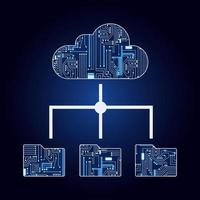 nube y archivos con circuito electrónico. fondo azul y degradado. concepto de carga o descarga a la nube. computación en la nube. vector
