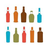 Colorful alcoholic bottles and glass silhouttes vector illustration set