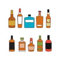 Ilustración de bebidas alcohólicas y botellas de bebidas. vector