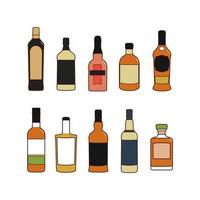 Whiskey wine liqor and other alcoholic drinks glasses and bottles vector