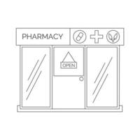 Pharmacy front outline vector illustration. Drugstore isolated on white background.