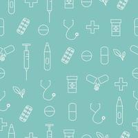 Medical outline seamless pattern with pill, syringe, thermometer and stethoscope. Vector illustration on green background