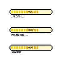 Pixel art 8-bit upload, download and loading with bar progress isolated on white background vector illustration
