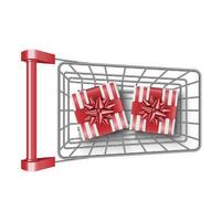 Red supermarket shopping cart with gift box on top view, vector illustration