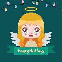 saludo navideño con un ángel alegre y pancarta con texto festivo vector