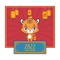 Feliz año nuevo 2022 diseño con lindo tigre y linternas sobre fondo rojo. vector