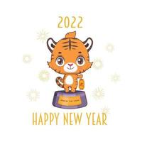 feliz año nuevo 2022 con lindo tigre de pie en un podio vector