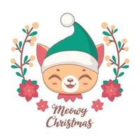 Meowy saludo navideño con un lindo gato alegre con gorro de Papá Noel vector