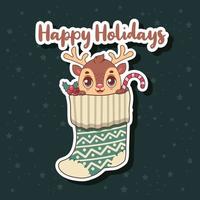 Christmas greeting with a cute jolly reindeer in a patterned stocking vector