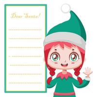 Cute girl elf helper with a letter to Santa next to her vector