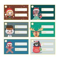 Set of six Christmas present tags with various festive characters vector