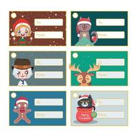 Set of six Christmas present tags with various festive characters vector