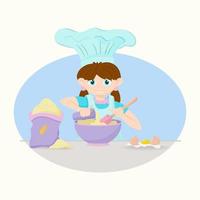 Cute little girl cooking in the kitchen. Kid at home. Cooking time. vector