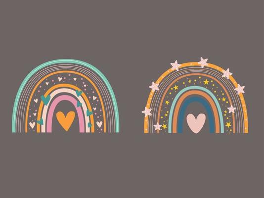 bohemian rainbows with heart  illustration. Trend rainbows. Boho rainbows for rainbows set vector.