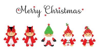 Vector - Set cute Teddy bear with different hat Tree, fox and Santa Claus cloth. Merry Christmas. Clip art. Can be use decorate any card, banner, web, print, sticker. Seasonal greeting. Holiday.