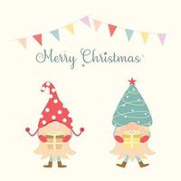 Vector - Cute two Gnome holding gift box with flag and lettering Merry Christmas on light yellow background. Can be use for banner, poster, card. Seasonal greeting. Holiday.