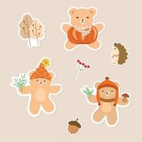 Vector - Cute set of Teddy bear with pumpkin,green leaves, mushroom, porcupine and tree. Autumn, Fall season. Clip art. Can be use decorate any card, web, print, paper, sticker.
