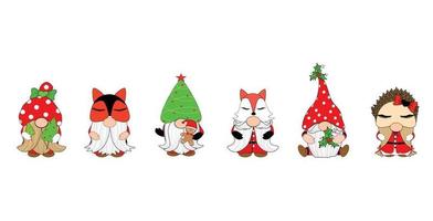 Vector - Cute Gnome with different hat Tree, fox, hedgehog and lettering Merry Christmas. Clip art. Can be use decorate any card, banner, web, print, sticker. Season greeting. Holiday.