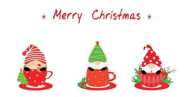 Vector - Set cute of Gnome in coffee or chocolate cup with word Merry Christmas. Can be use for print, paper or decorate any web, card. Holiday. Merry X'mas and Happy New Year.