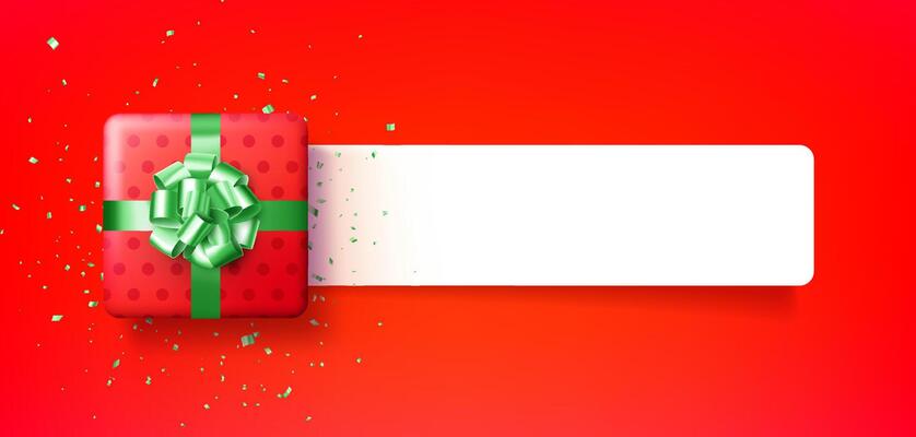 red gift box with green ribbon. Christmas, birthday, Valentine's day present. Space for text