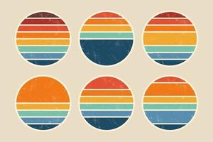 Sun retro badge and emblem set. Abstract ocean view background inside circles shapes with geometric vintage distressed style. Perfect for sticker, logo, icon, t-shirt or any purpose. vector