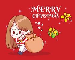 Cute girl carrying a presents sack on christmas holiday celebration hand drawn cartoon art illustration vector